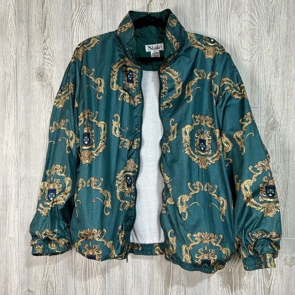 Vintage 80’s 90’s Slade Green and Gold Crest Print Nylon Windbreaker Size XL - Picture 13 of 13